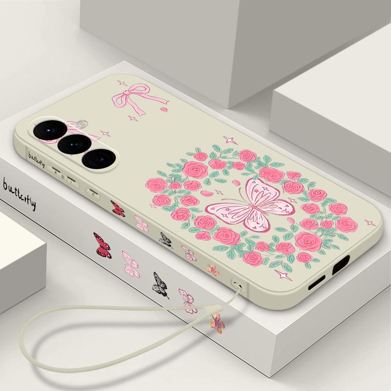 Vintage Flower Butterfly Case For Samsung Galaxy A56 A17 A26 A16 A36 A55 A54 A53 A15 S24 S25 FE S25 S22 S23 Ultra Plus Lanyard Soft Cover