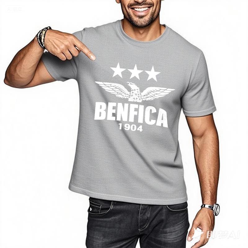 T Shirt Men Soft Workout T-shirt Benfica Logo With Stars Crew Neck Solid Color Tshirt Minimalist Cotton Breathable Tee