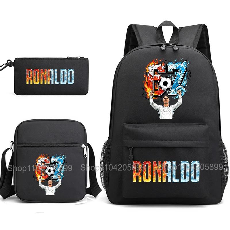 CR7 Ronaldo Backpack Football 67 Print School Bag With Shoulder Bag & Pencil Case For Student Boys Gift Daily Travel Rucksack