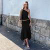 European and American Women's Solid Color Slanted Shoulder Sleeveless Crop Top, High Waist Pleated Skirt Two-piece Set