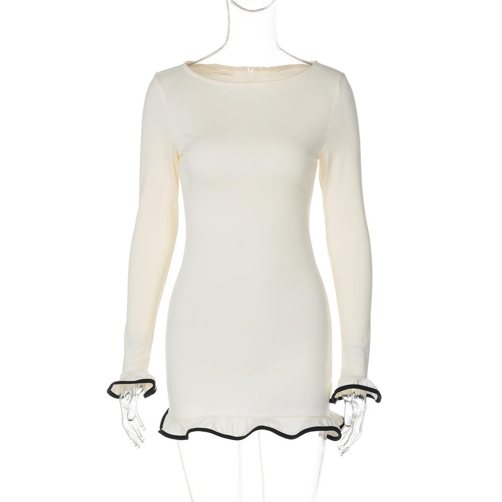 New Knitted Ruffle High Waist Mini Dress Women's Sexy Slim Long Sleeve Short Skirt Bodycon Dress Fall Luxury Crochet Clothes