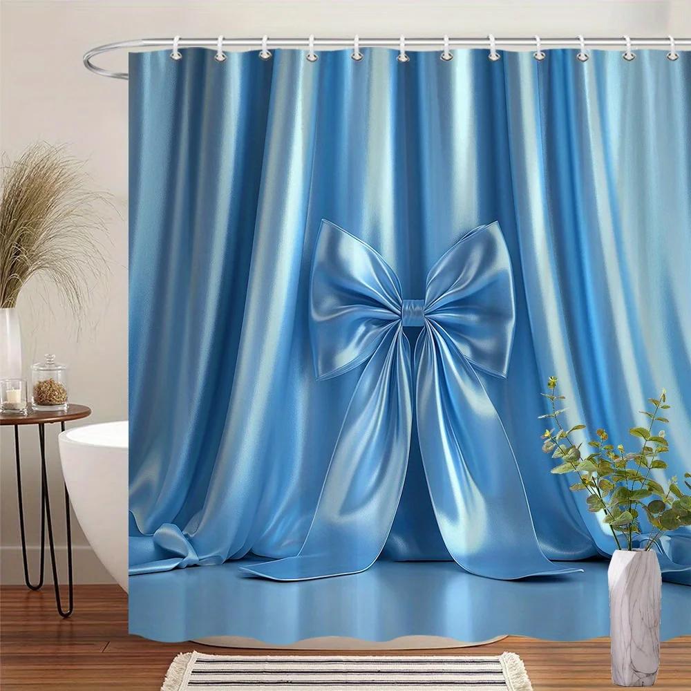 Элегантная светло-голубая атласная шторка для душа с бантом - Блестящая полиэстеровая ткань, Можно стирать в машине, Модный декор для ванной комнаты, 12 крючков W90xH180cm