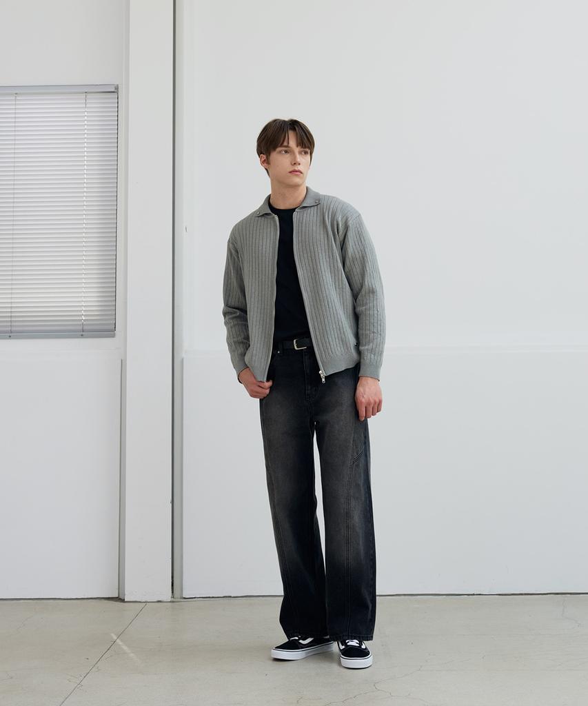 Nodu Rivet Collar Ribbed Knit Zip-Up Cardigan [Gray]
