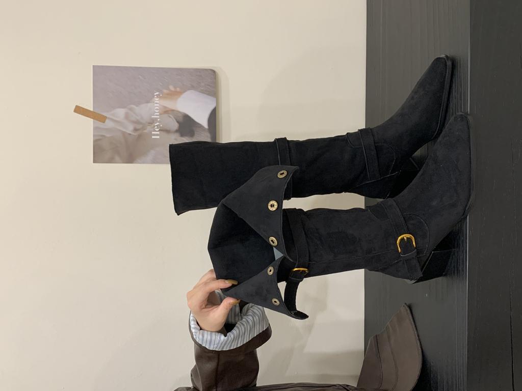 2025 New Square Head Thick Heel Belt Buckle Thick Heel Knight Boots Versatile Spice Girl Nightclub Women's Boots