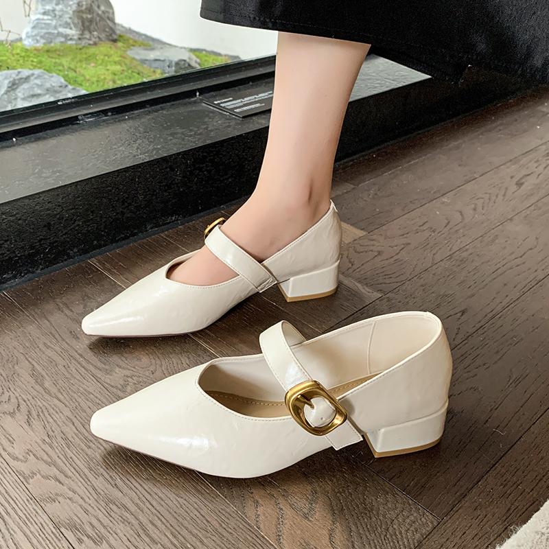 New Women's Pointed Toe Single Shoes with Medium Heel and Shallow Buckle Square Heel High Heels Boat Shoes Zapatos Mujer