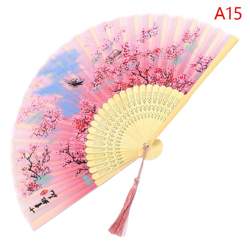 1Pc Estilo Chinês Dobrável Leque de Bambu Haste Leque de Mão Elegante Padrão de Flor Feminino Dobrável Leques Decoração de Festa de Casamento