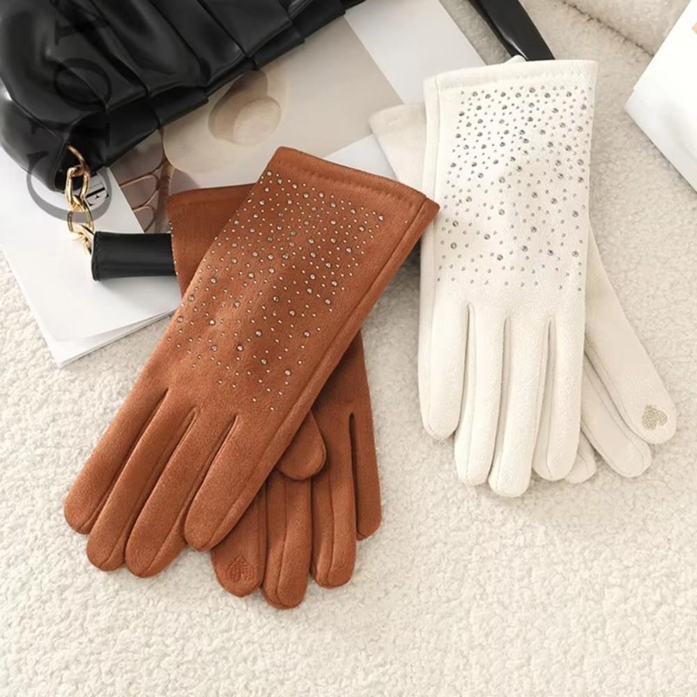 Fashion Elegant Suede Gloves Windproof Elasticity Hot Diamonds Gloves Thickened Warm Touch Screen Gloves Autumn Winter for Women