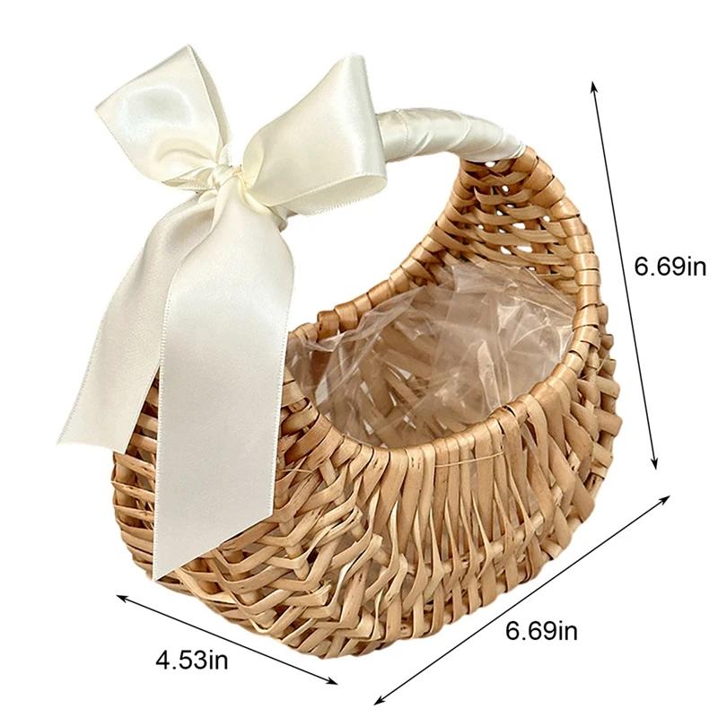 Bohemian Wicker Flower Basket with Handle & Waterproof Lining, Compact Lightweight Multifunctional Basket for Wedding Home Decor