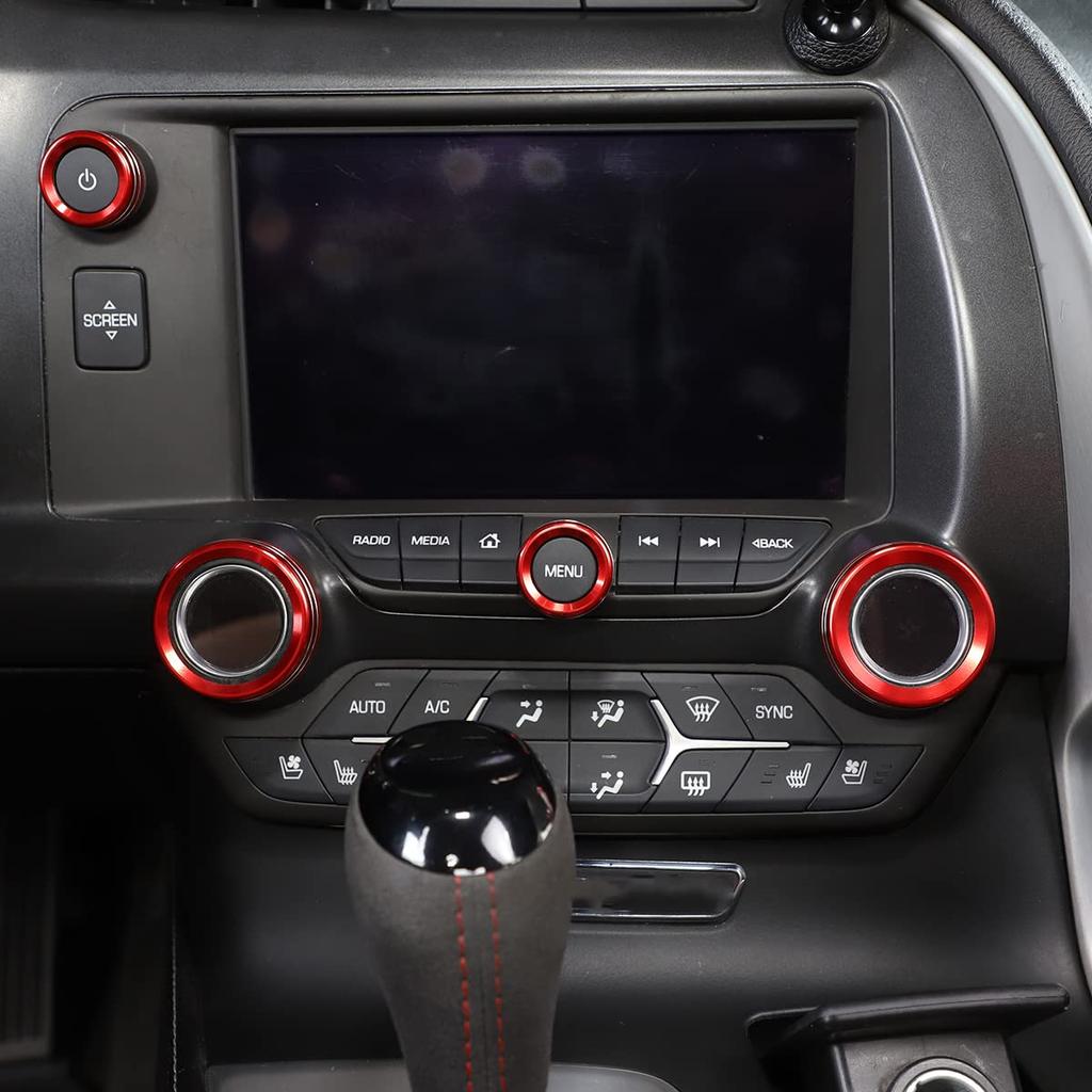 METYOUCAR Set of Aluminum Alloy Air Conditioning and Volume Control Knob Decorative Rings for Chevrolet Corvette C7 4-Piece 2014-2019 (Red)