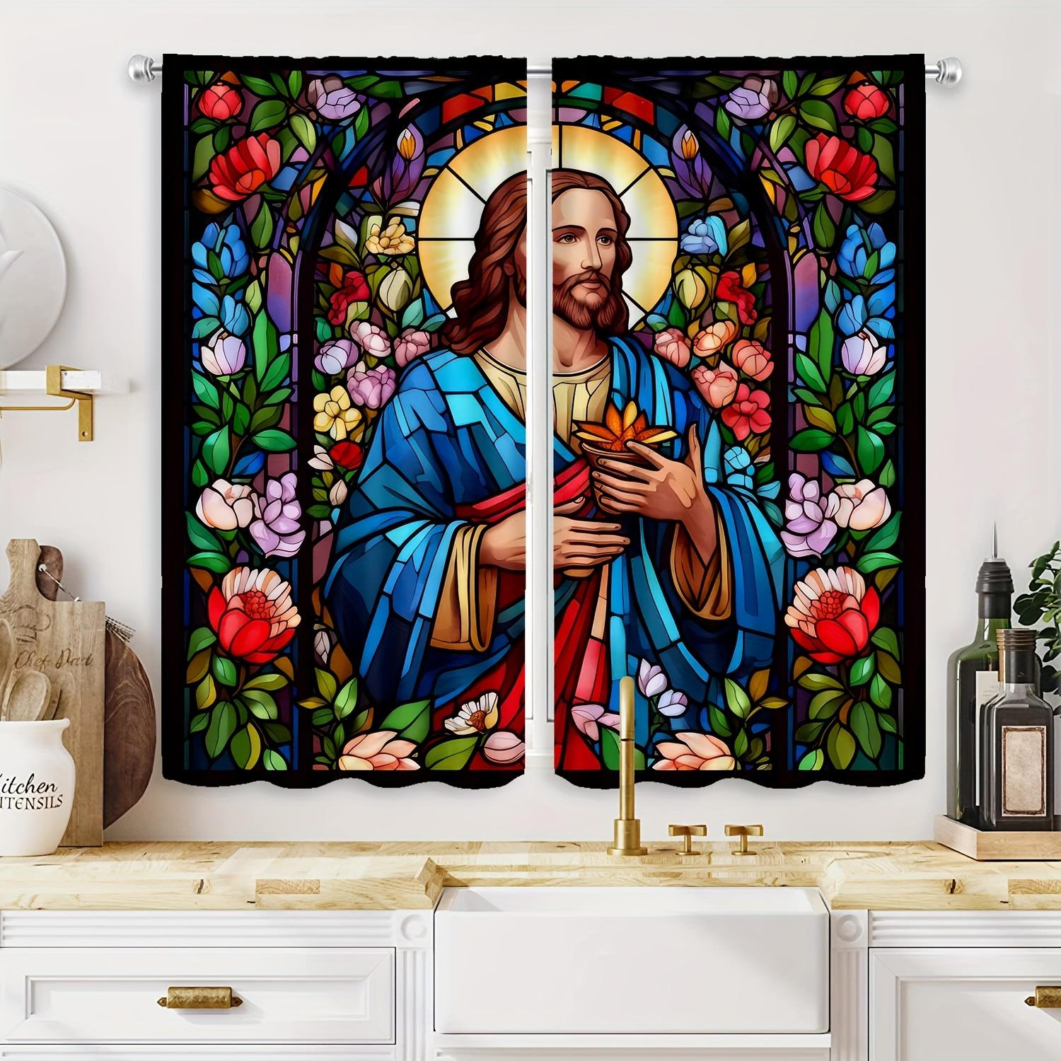 

Set Of 2 Vintage Godfather Stained Glass Curtains Floral Hd Digital Print Semi Transparent Living Room Bedroom Decor Curtain For Great Made Polyester W100*H70(CM)-Hooks&2PCS