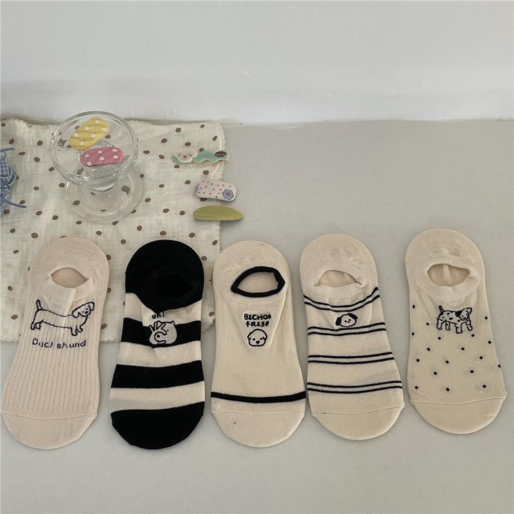 Ladies Summer Preppy Casual Puppy Embroidered Breathable Short Boat Socks