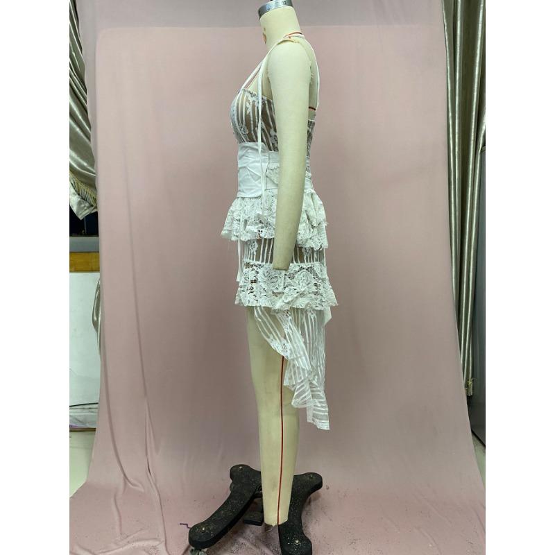 Women's Summer One-button Irregular Lace See-through Halter Dresses