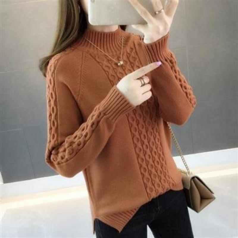 Women's Semi High Neck Sweater Loose Mid Neck for Autumn and Winter Stylish and Thick Sweater