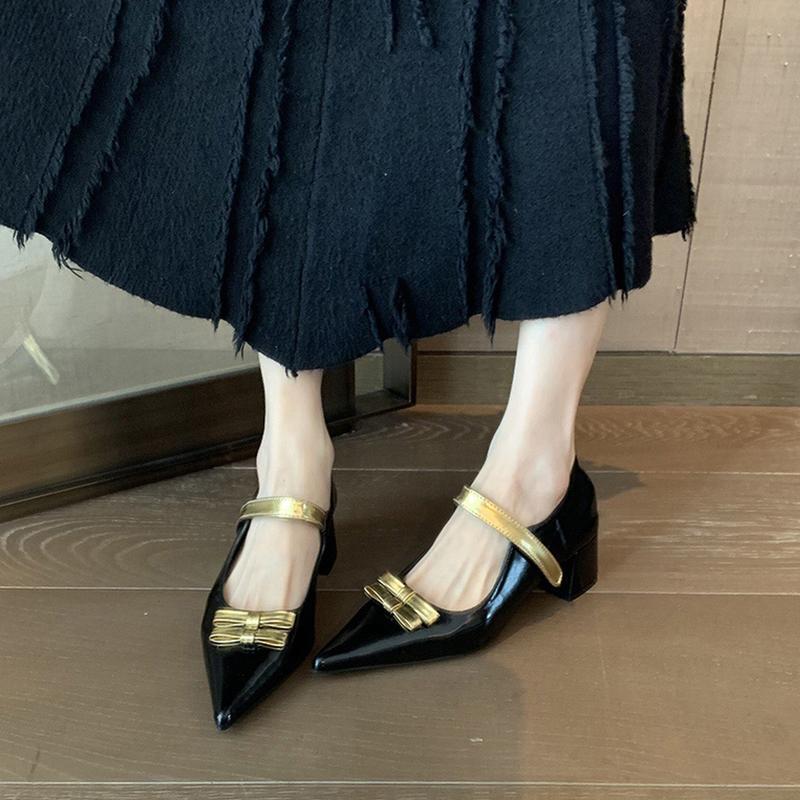 Design sense niche! Pointed single shoes women's French temperament with skirt bow word with thick heel Mary Jane shoes
