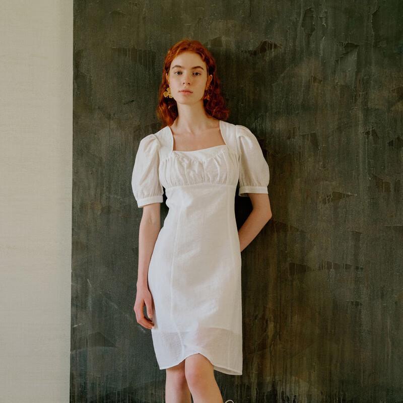 

PEACEBIRD Women s French Style Square Neck Puff Sleeve Mini Dress S