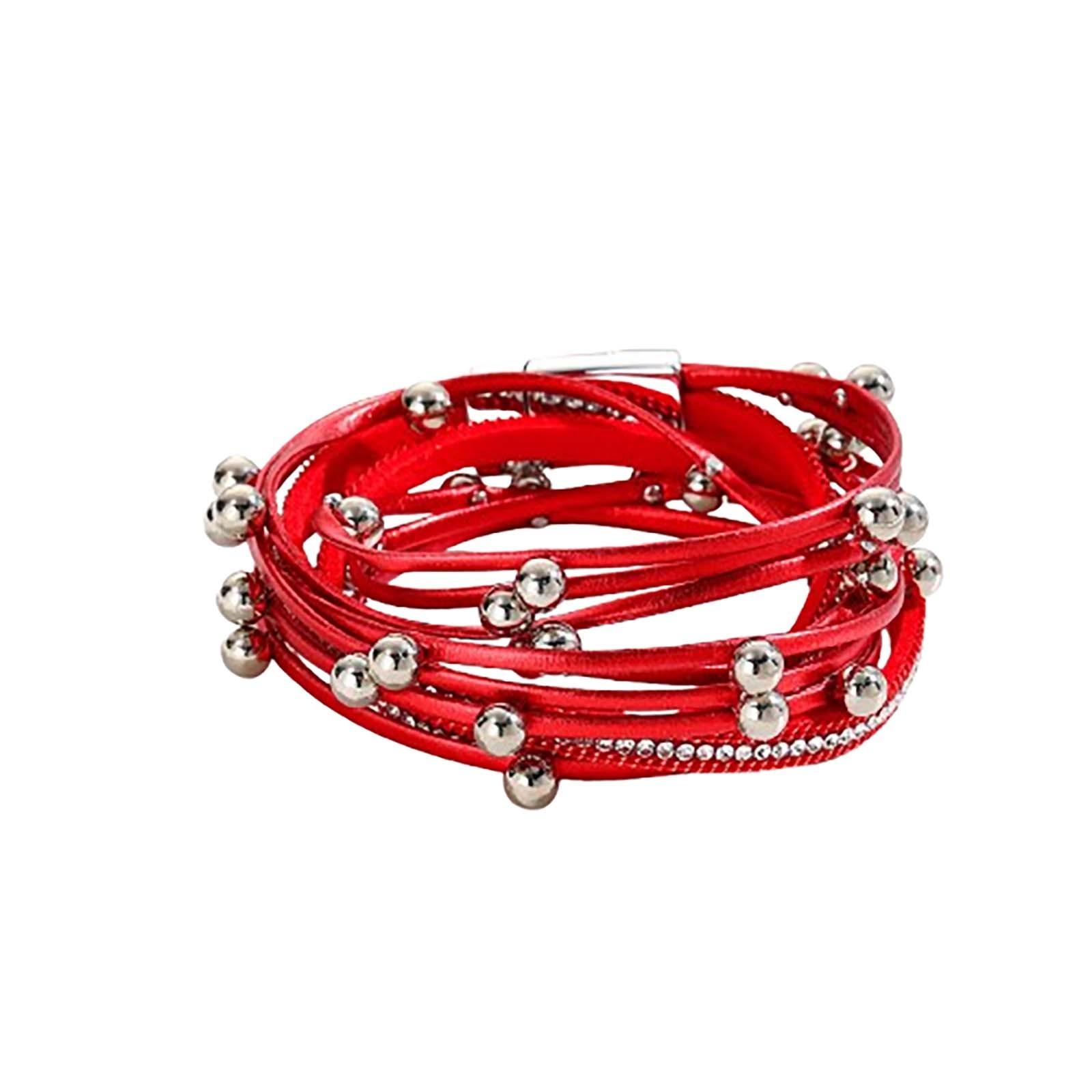 

Двухкруговой кожаный браслет с бусинами, многослойный кожаный браслет, модный женский браслет с магнитной застежкой и бриллиантами, ювелирные изделия One Size красный