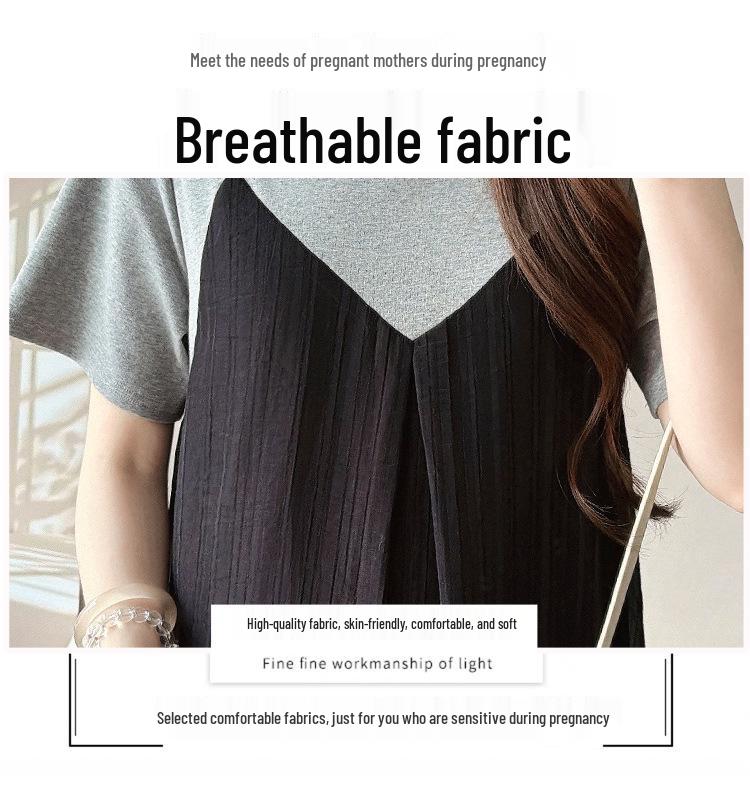 Korean Style Maternity Patchwork T-shirt Dress - Summer 2026, Spicy Mom Belly Covering, Slimming Plus Size, Trendy Two-Piece Look