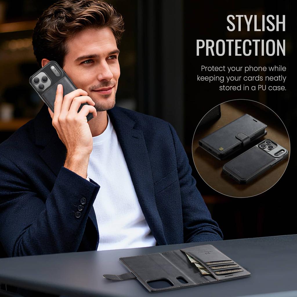 For iPhone 17 16 15 14 13 12 Pro Max Detachable Wallet Case 2 in 1 Flip Folio Card Holder RFID Kickstand Shockproof Phone Cover