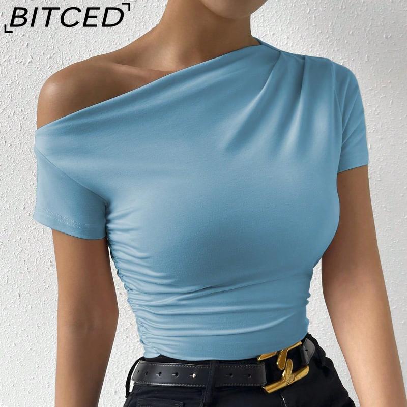 BITCED Spring/Summer Women's Slim-Fit Pleated Asymmetric Hem Short-Sleeved T-Shirt Top