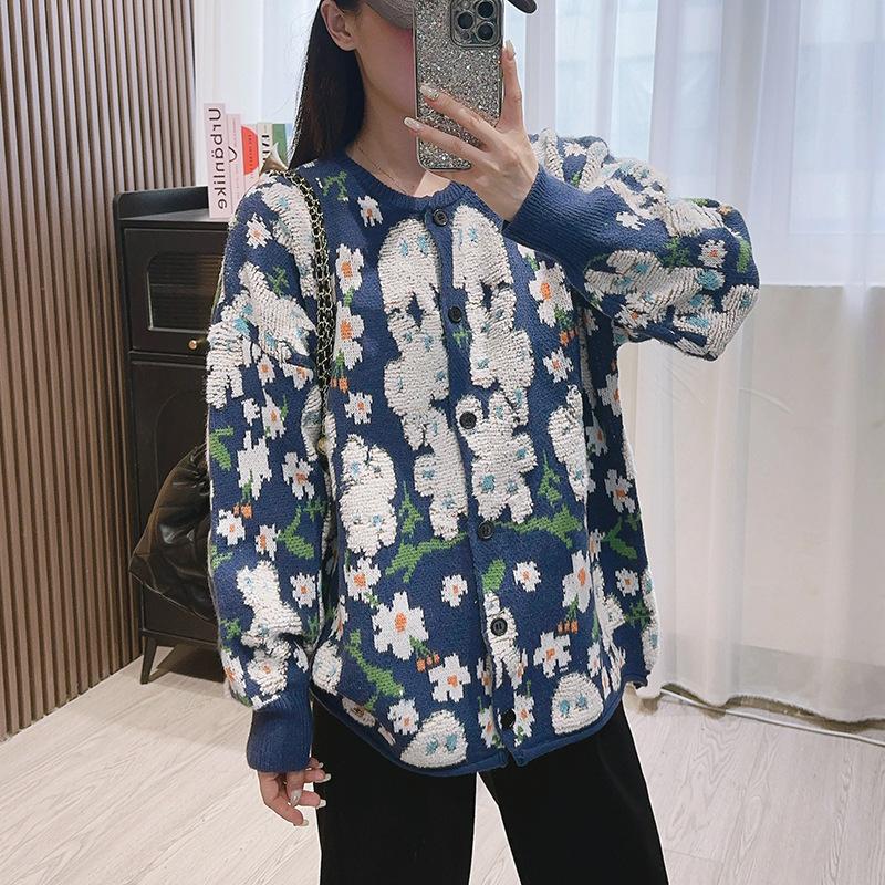 

Ветреный осенне-зимний свободный свитер с круглым вырезом, милый трехмерный флокированный розовый цветок, вышитый махровым полотенцем, мягкий ворсистый вязаный кардиган 410-312 (average size) синий