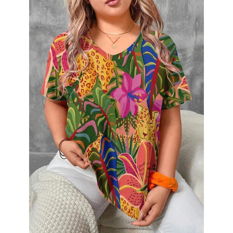 Sommer Damen 3D-Druck V-Ausschnitt T-Shirt Mode Vielseitig Trend Atmungsaktiv Lässig