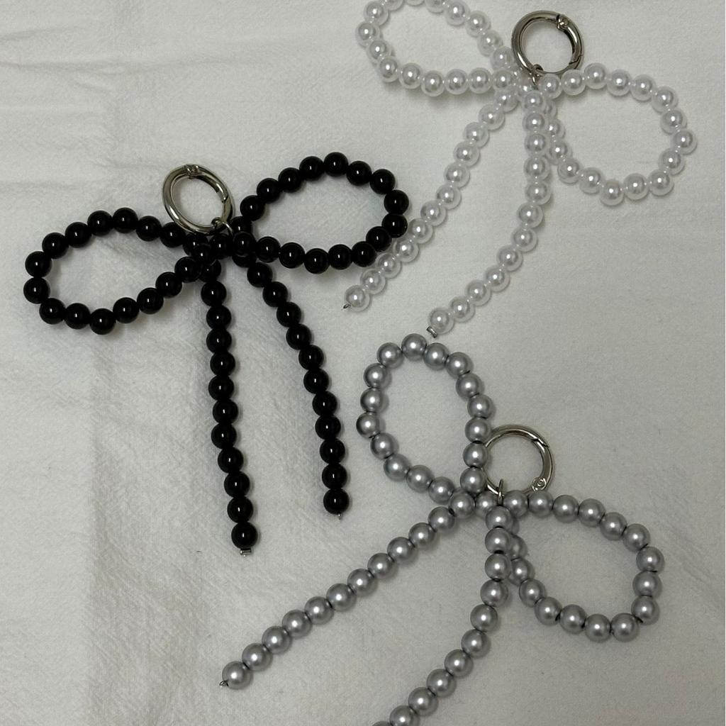 ZAKOL Y2K Coreano Carino Portachiavi con Perle e Fiocco in Perline per Donne Ragazze Ciondolo a Forma di Fiocco in Metallo Accessori Decorativi per Borsa