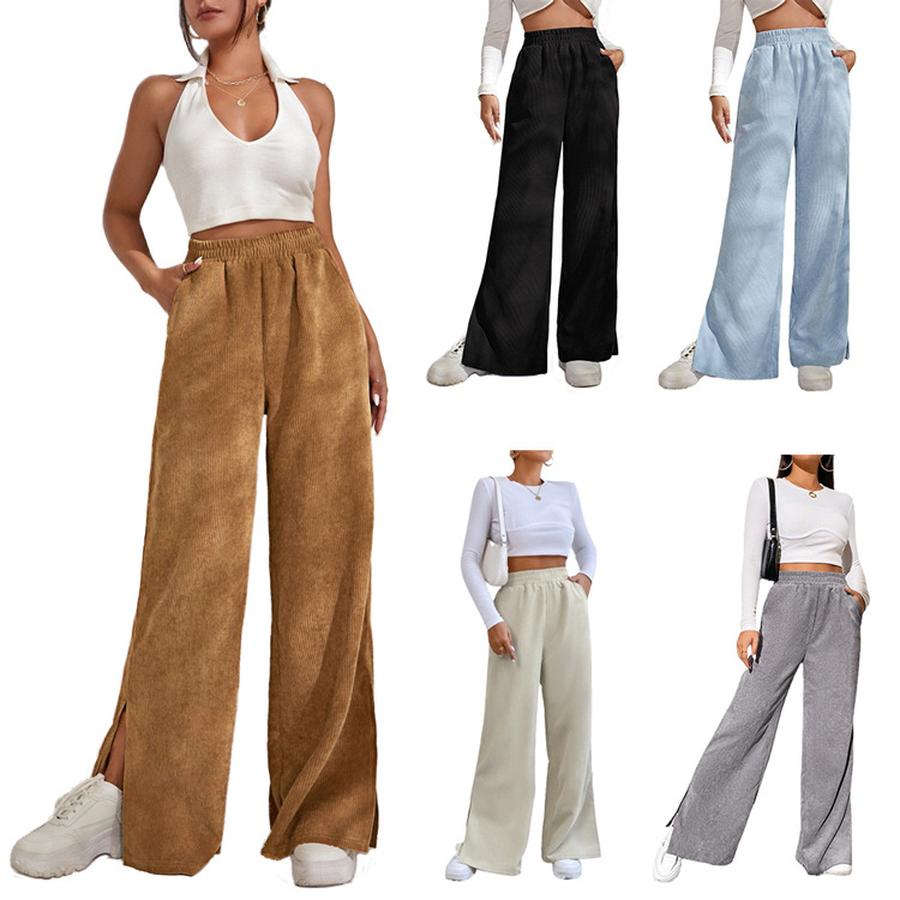 Fall Winter New Women's High Waist Casual Pants Solid Velvet Padded Patchwork Pleated Hem Long Pants Women