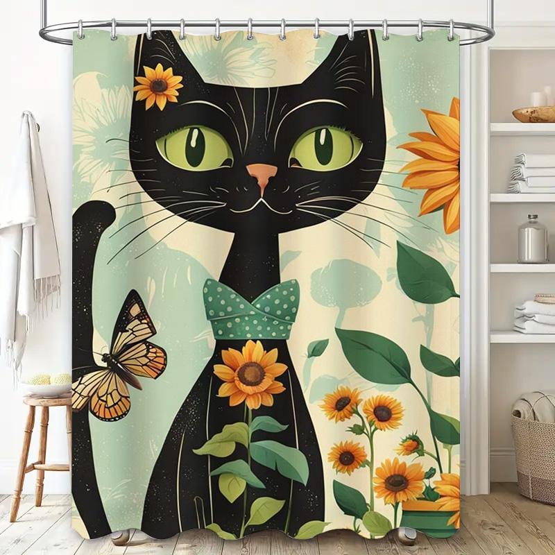 Vintage Chic Black Cat Shower Curtain with Sunflowers Perfect Bathroom Decor Gift for Her