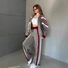 Amazon Cross-border Fashion Casual European and American Suit Women's Long-sleeved Striped Contrasting Zipper Cardigan Lace-up Pants Two-piece Set