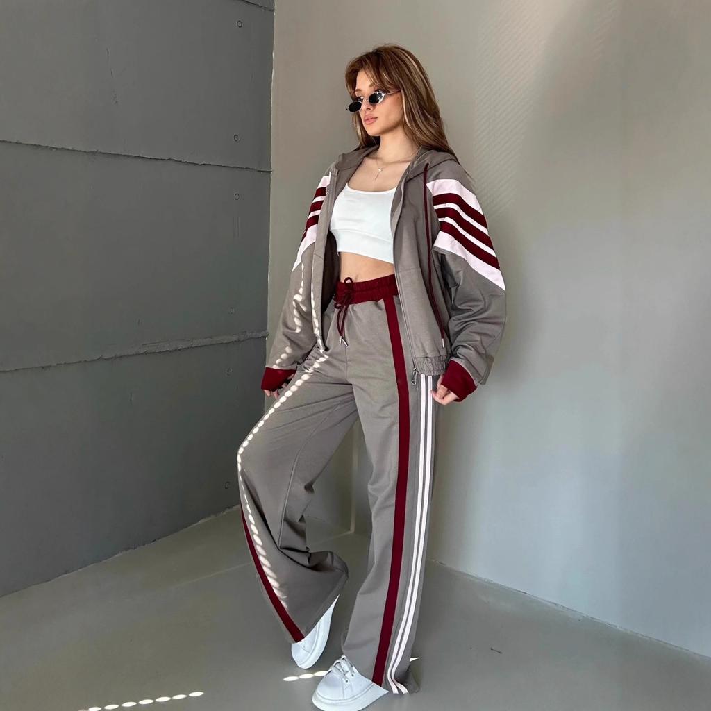 Amazon Cross-border Fashion Casual European and American Suit Women's Long-sleeved Striped Contrasting Zipper Cardigan Lace-up Pants Two-piece Set