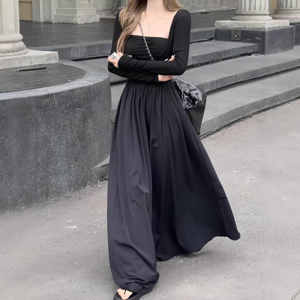 Elegant Square Neck A-Line Dress - Women's Early Spring 2026 Arrival, Long Sleeve, Waist-Cinched Fake Two-Piece Design.