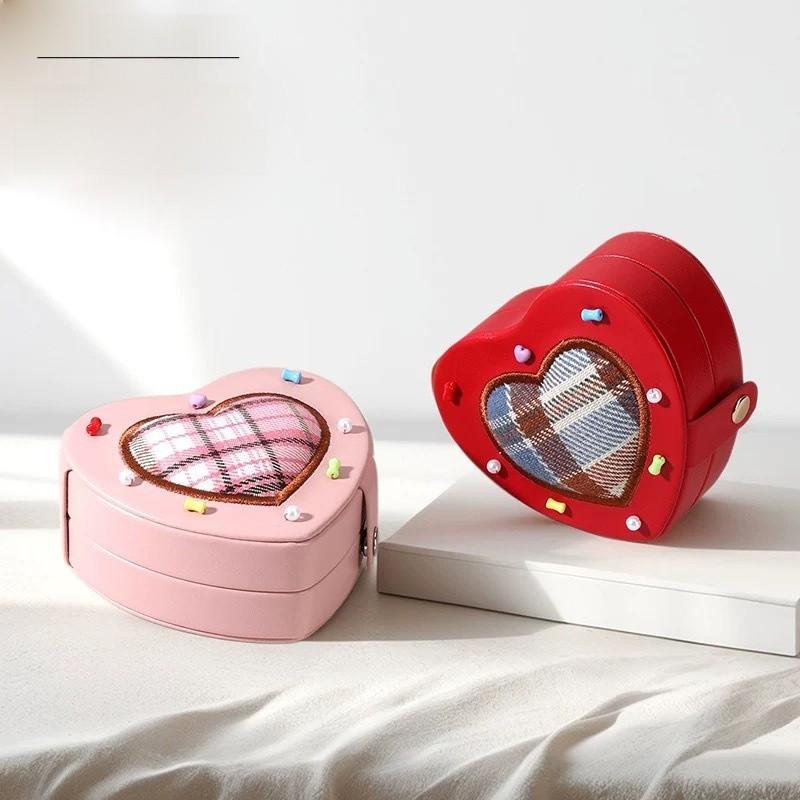 Jewelry Box Soft Velvet Organizer With Heart Shape Design For Girls Gift Travel Storage