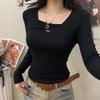 Women's Coffee V-Neck Long-Sleeve Slim Fit Top with Velvet Layer