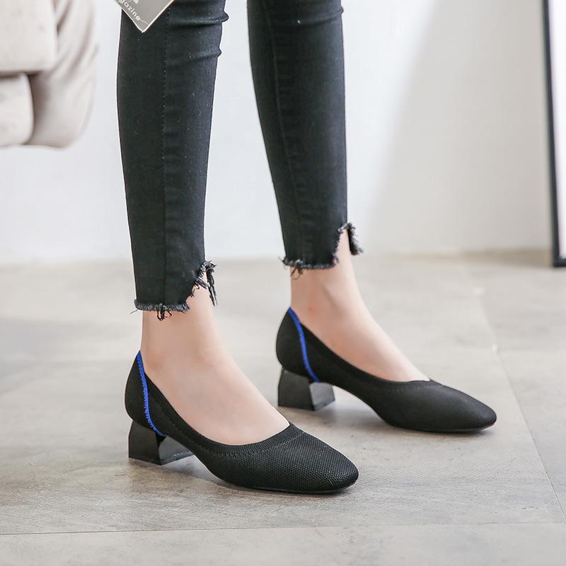 High Heel Square Head Single Shoes Women's Medium Heel Flying Weaving Leopard Print Women's Coarse Heel Comfortable Weaving High Heels