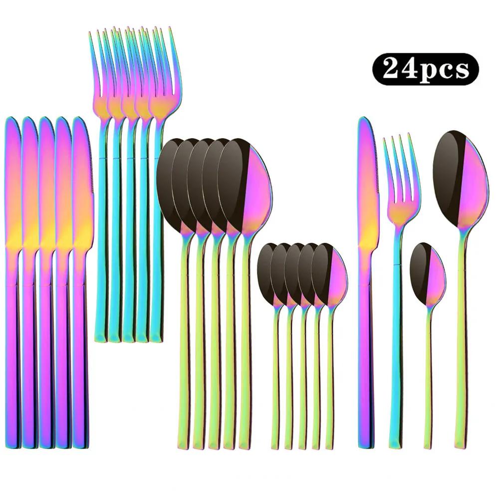 24Pcs Western Gold Dinnerware Set Knife Fork Coffee Spoon Cutlery Set Stainless Steel Flatware Kitchen Silverware Tableware
