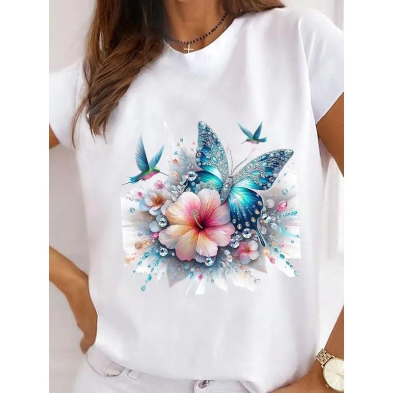 Oneck Tshirt Creative Flower Heart Short Sleeve Tshirt Female Women Clothing Funny Women T Shirt Casual Aesthetic Tshirts