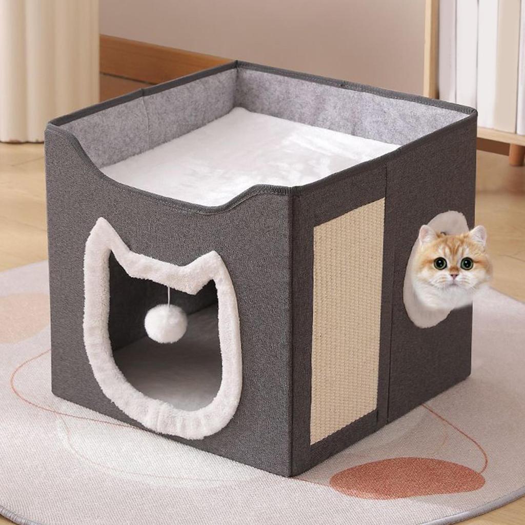 Cat Cave Foldable Pet Shelter House 2-Layer Large Cave Bed Shelter Hideaway Kennel With Scratch Pad And Ball For Cats Dogs