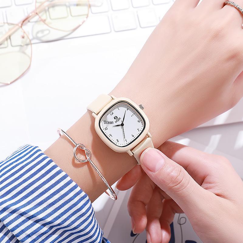 Preppy Style Quartz Skin-Brightening Unisex Minimalist Square Couple Wristwatch for Students