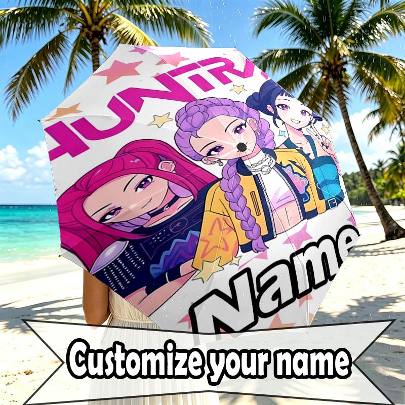 Custom Name Personalized KPop Demon Hunters Print Umbrella, Auto Open Close, 8‑Rib Sturdy Frame, Commute Camping Hiking Use, Birthday Gift