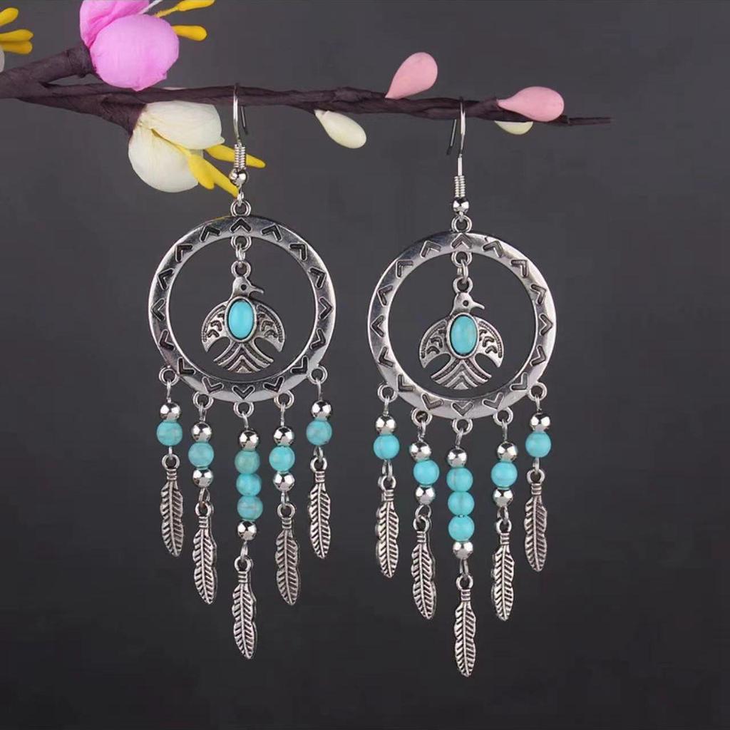 Bohemian Turquoise Owl Dream Catcher Tassel Earrings for Women