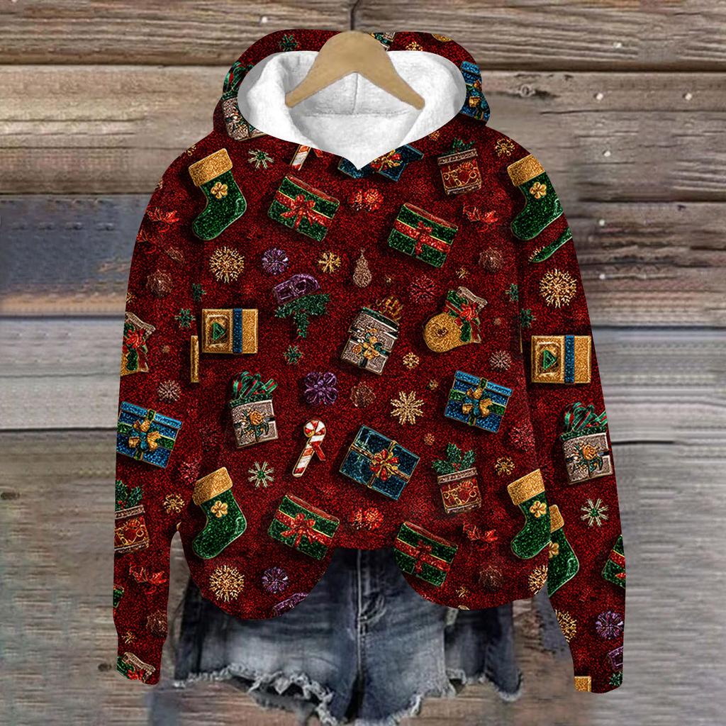 Women's Fashion Long Sleeve Christmas Print Loose Hooded Sweatshirt Top