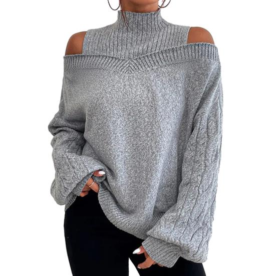 Women Fall Winter Sweater Off Shoulder Long Sleeve Half-high Collar Hollow Out Solid Color Loose Knitted Pullover Elastic Soft Warm Lady Top