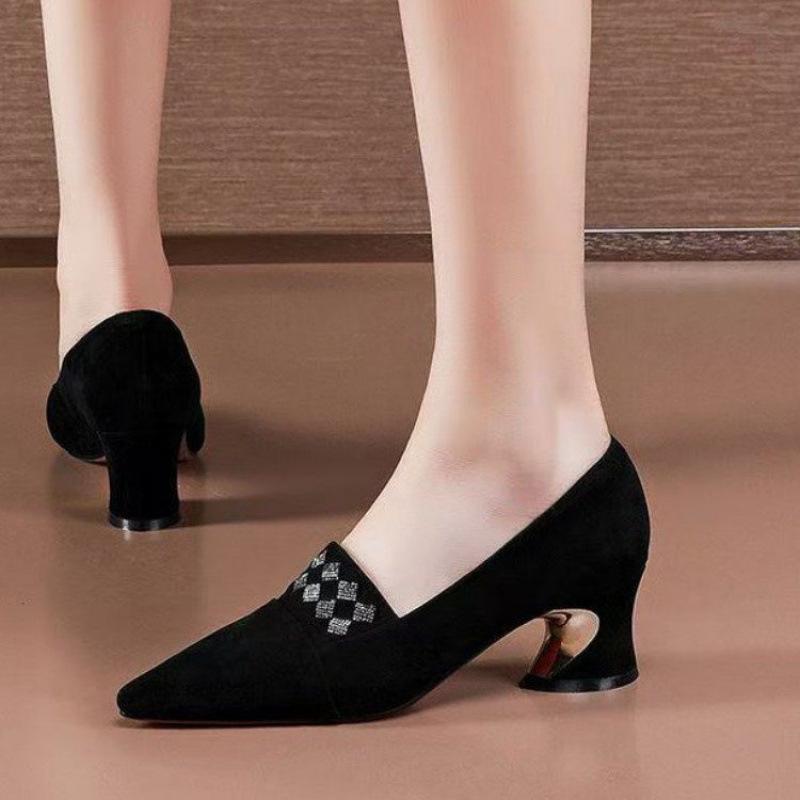 French High Heels Women's 2025 Spring and Autumn New Versatile Black Medium Heel Pointed Single Shoes Work Shoes