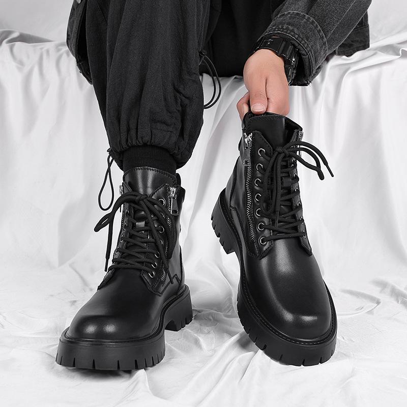 2024 Men's Mid-Cut Height-Enhancing Martin Boots with Soft Side Zipper - British Workwear Style High-Tops