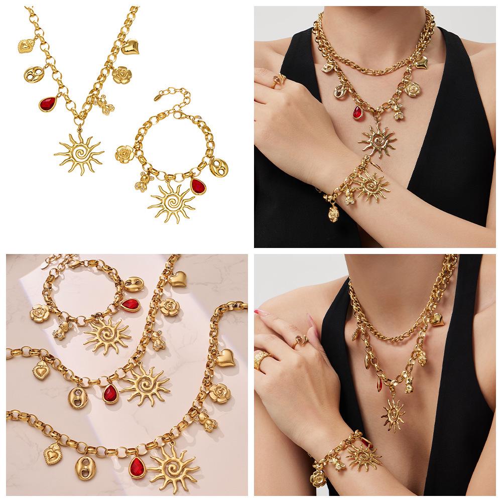 Spiral Sun & Bear Zirconia Multi-Pendant Necklace & Bracelet Set