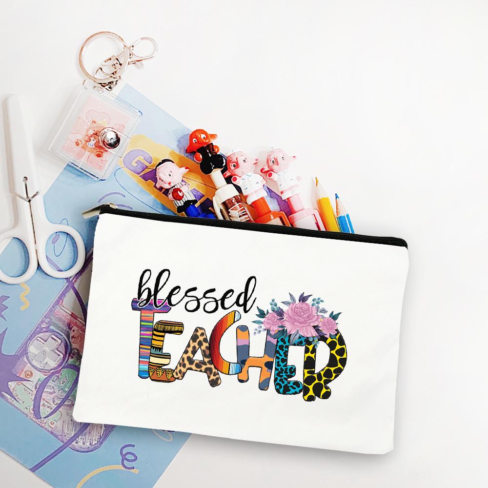 Blessed Teacher Life Leopard Makeup Bags Student White Pencil Pouch Teacher Shopping Handbag Storage Bag Teachers' Day Best Gift