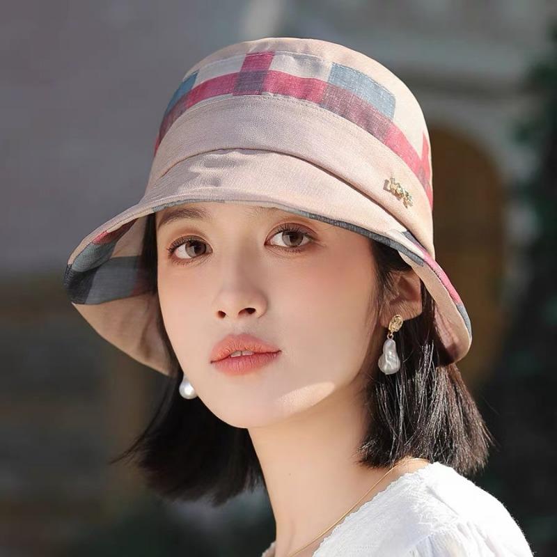 Hat women spring summer plaid elegant basin hat temperament breathable bucket hat sunscreen travel fashion sun hat