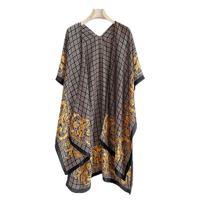 Contrasting Color Pattern Split Shawl Female Design Sense Ethnic Style Thin Sunscreen Simulation Silk Scarf