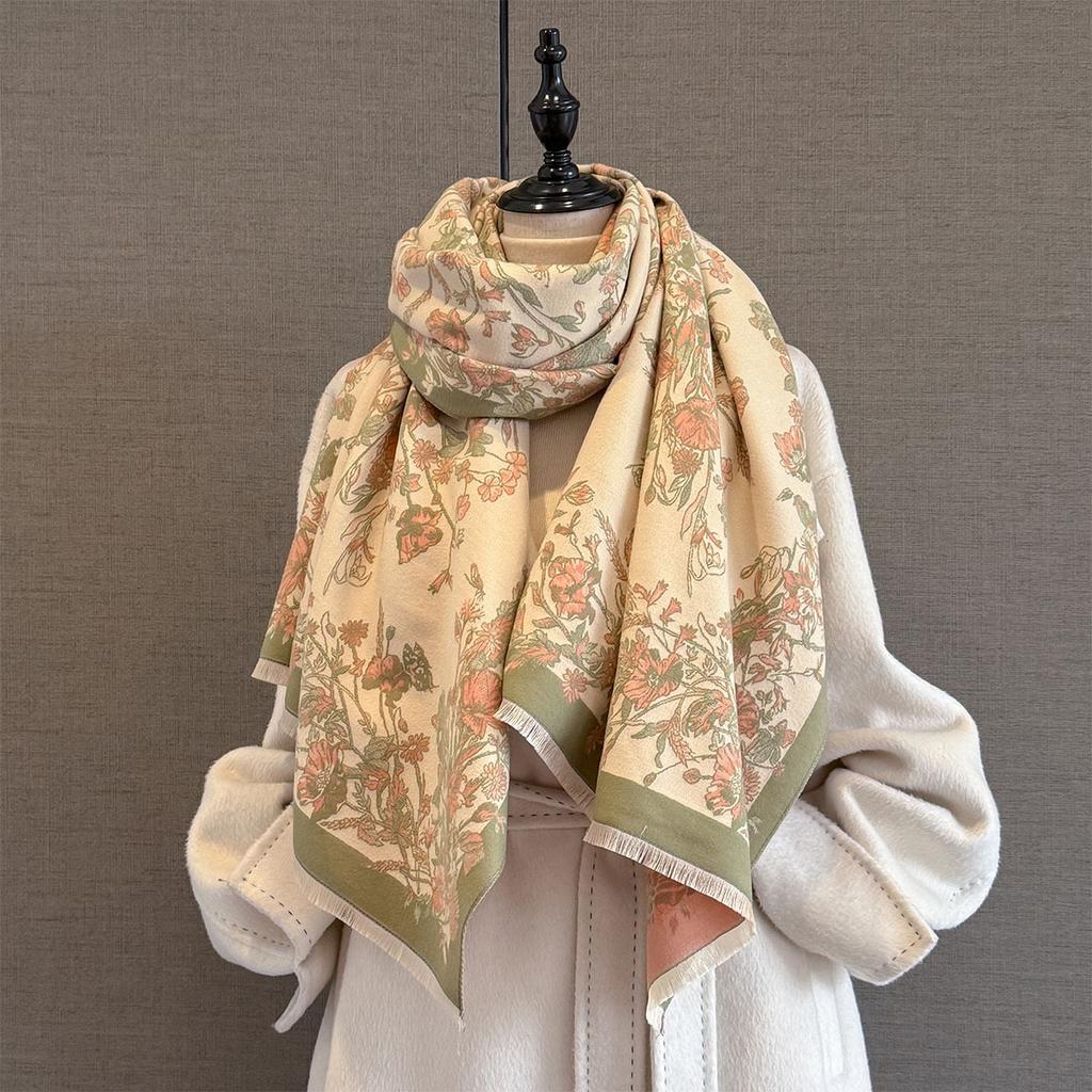Luxury Winter Flower Pattern Cashmere Scarf Women  Design Warm Pashmina Blanket  Scarves Female Shawl Thick Foulard Bufanda