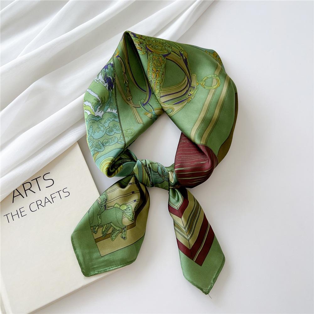 Luxury Silk Square Scarf Women Shawl Fashion French Flower Print Design Satin Hijab Wraps Neckerchief Female Hair Bands 70*70Cm